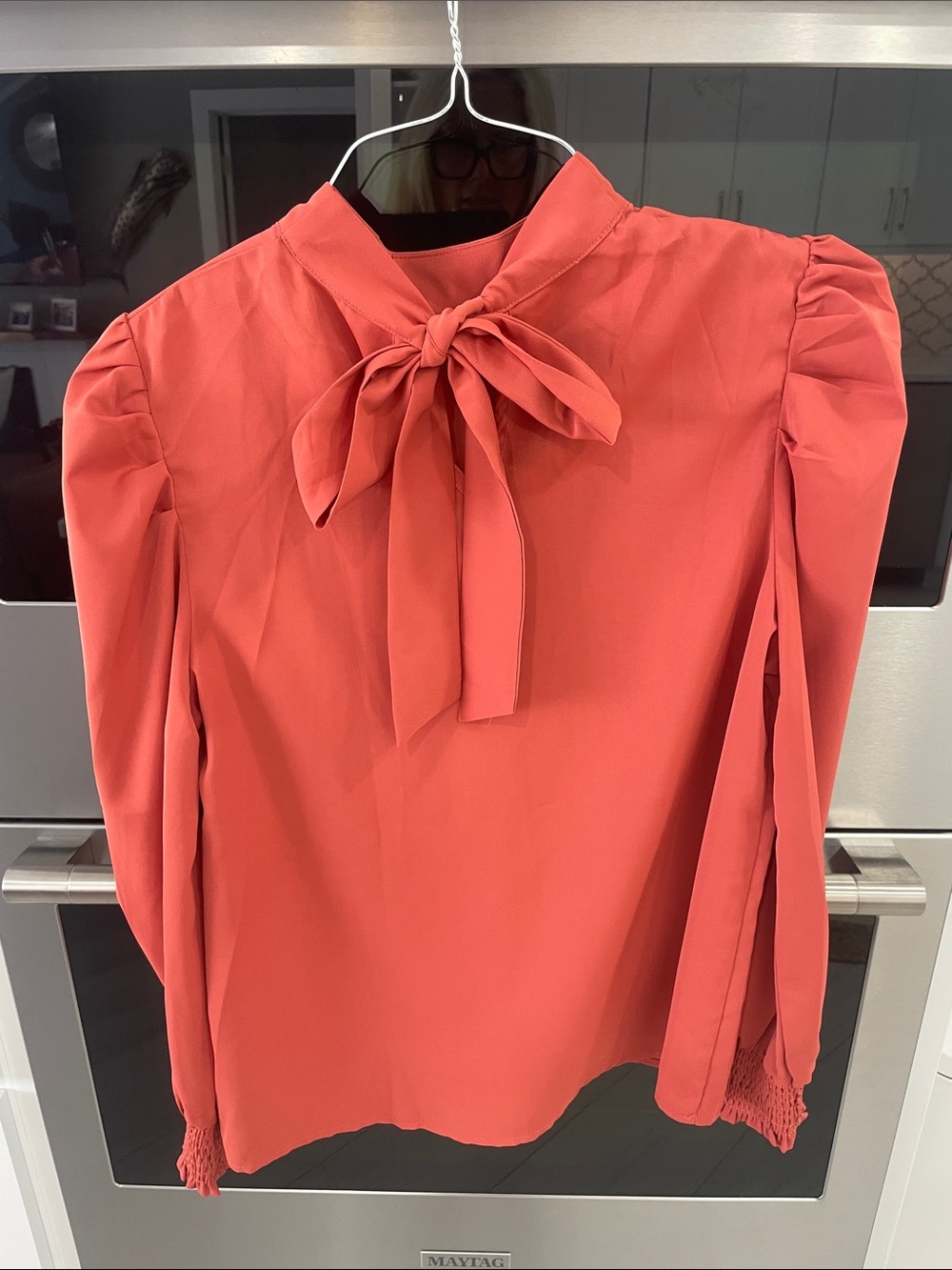 Coral Tie-Neck Puff Sleeve Blouse